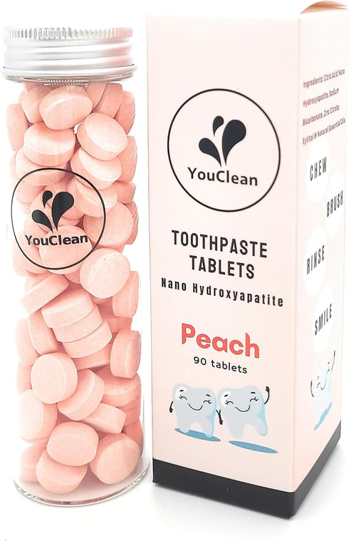 90 Toothpaste Tablets in Refill/Recycle Glass Tube - for Travel and Daily Home Office Use - Nano Hydroxyapatite, Fluoride-Free, Vegan (Peach90)...