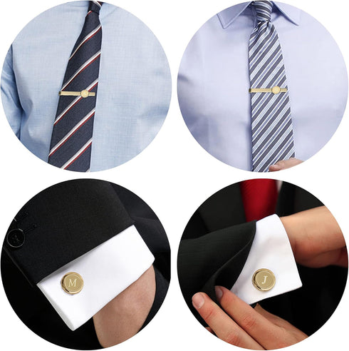 Helicopchain Initial Cufflinks and Tie Clips Set for Men Personalized Shirt Gold Cuff Links and Tie Bar Alphabet Letter A-Z with Gift Box for Wedd...