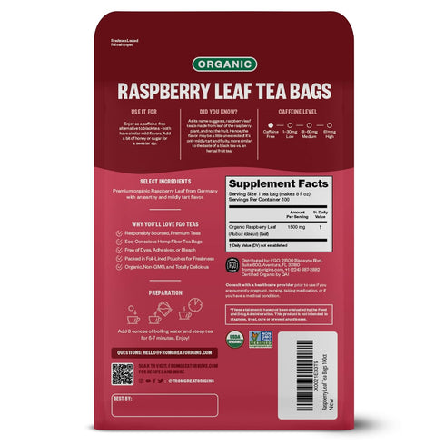 FGO Organic Red Raspberry Leaf Tea Bags, 100 Eco-Conscious Tea Bags, Caffeine Free, Imported from Germany, Reseable Bag, Packaging May Vary (Pack ...