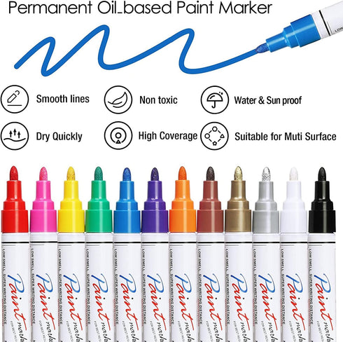 Paint Pens Markers Never Fade Quick Dry and Permanent, 12 Color Oil-Based Waterproof Paint Marker Pen Set for Rocks Painting, Stone, Wood, Fabric,...