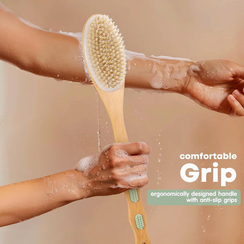 Body Scrubber with Soft and Stiff Natural Bristles, Dual-Sided Long Handle Shower Brush,Back Scrubber,Body Exfoliator for Bath or Dry Brush,Bath B...