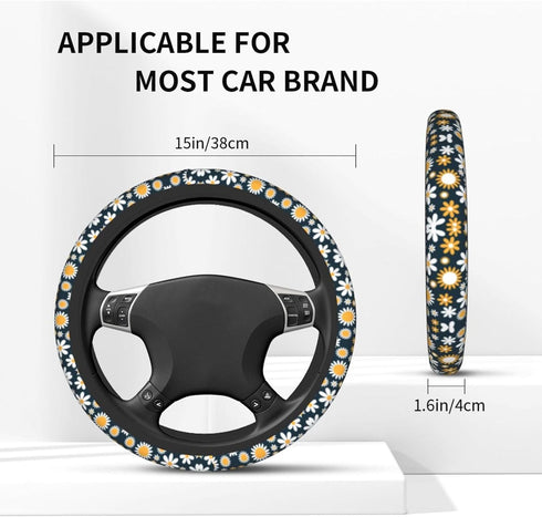 Daisy Flowers Car Steering Wheel Cover, White and Yellow Daisy Print Auto Steering Wheel Cover for Women, Anti-Slip Universal Fit 14.5-15 inch Car...