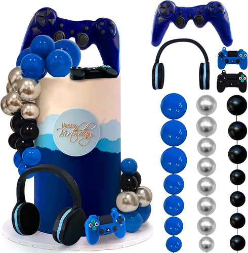 30 PCS Video Game Themes Cake Toppers Headset Ball Game Controller Cake Decoration for Game Theme Birthday Party Cake Decoration (Blue)...