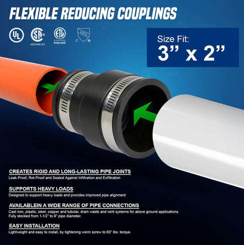 6I55 Flexible Pvc Reducing Coupling with Stainless Steel Clamps, 3.5" x 2.4" Inner Diameter for 3" x 2" Nominal Pipe, Black...