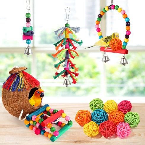 Bird Toys 17 Pcs Bird Parakeet Swing Chewing Hanging Toys Climbing Ladder Coconut Bird Cage Toys Suitable for Cockatiels,Conures,Finches,Budgie,Lo...