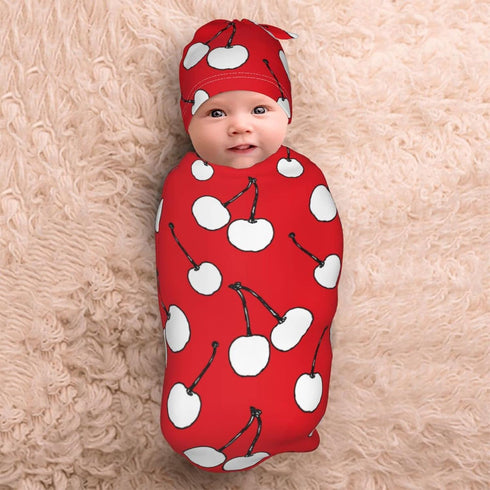 White Abstract Cherry Berries Newborn Swaddle Blanket with Beanie Set Soft Baby Sleep Sack Stretch Adjustable Swaddle Wraps Receiving Blankets for...