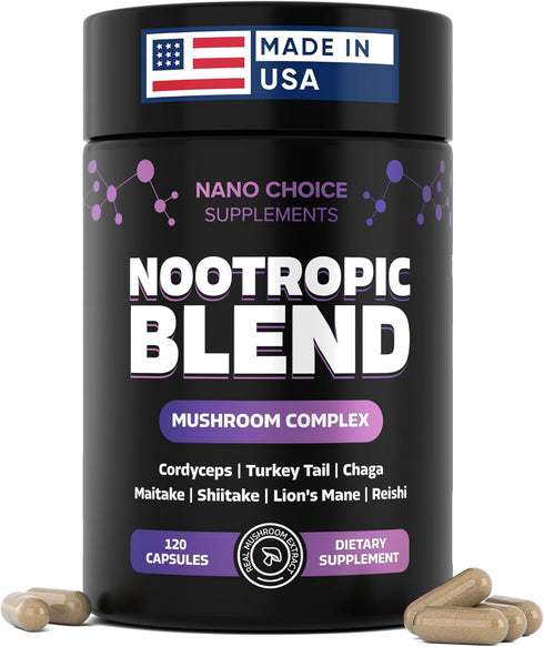 Nano Choice Nootropic Blend - Mushroom Complex Supplement for Brain, Focus, Productivity & Immune Support | Non-GMO, Vegan, Made in USA | 120 Caps...