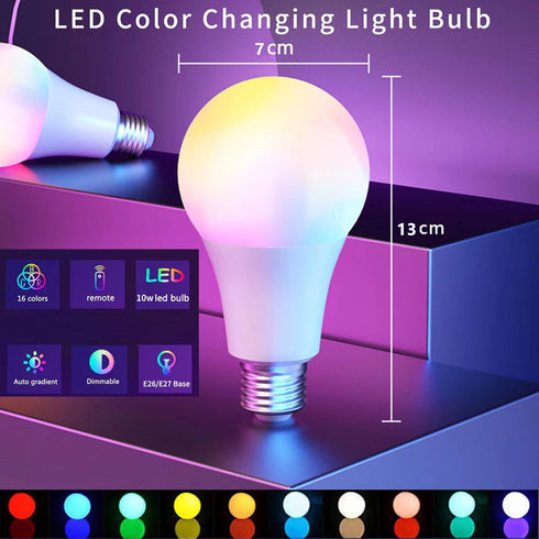 RGB Color Changing Light Bulb with Remote Control, 15W LED Light Bulb E27/E26 6500K White A21 600LM 16 Color Choices Multicolor Dimmable Flood Lig...