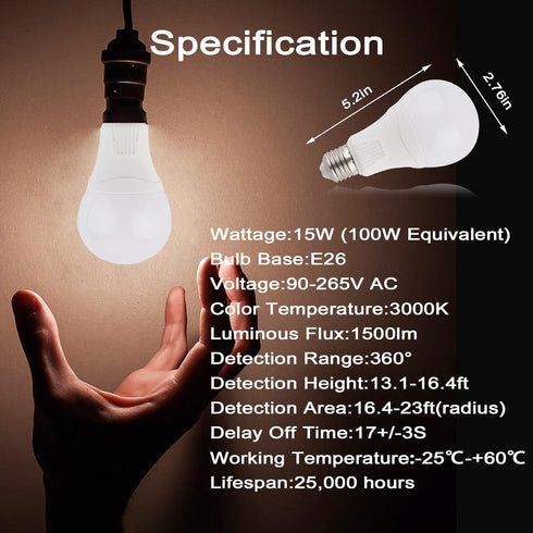 Motion Sensor Light Bulbs - Outdoor 15W (100W Equivalent) 3000K 1500LM E26 A21 Dusk to Dawn Sensing and Radar LED Motion Activated Light Bulbs 2 P...