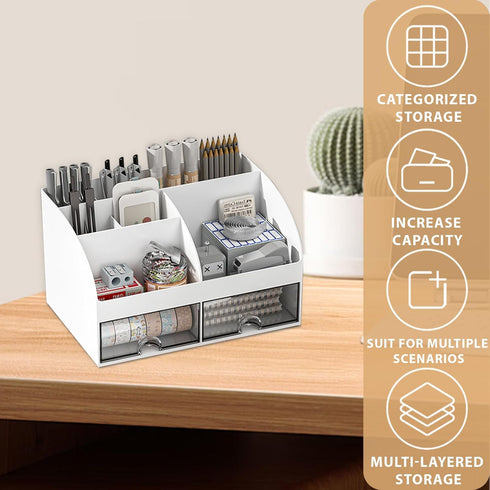 Desk Organizer, Desktop Organizers and Accessories with 6 Compartments and 2 Drawers, Aesthetic Desk Accessories for Home, Office, School...