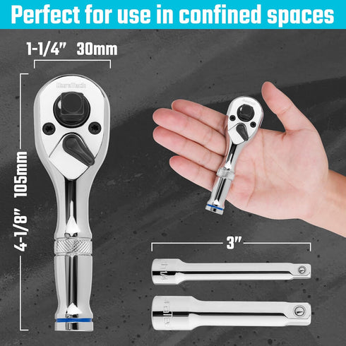 DURATECH Stubby Ratchet Set, 3-IN-1 Ratchet Handle, with 2 Extension Bars, 1/4", 3/8", 1/2" Drive Ratchet Wrench, 72-Tooth, Reversible Switch, Ful...