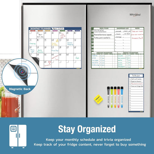 White Board Dry Erase Calendar: Weekly Menu Board Meal Planner Magnetic and Monthly Calendar for Fridge with Reusable Whiteboard Checklist, Dry Er...