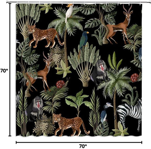 AMFD Jungle Animals Shower Curtain Cheetah Zebra Monkey Antelope Green Tropical Forest Palm Tree Leaves Wildlife Theme Fabric Bathroom Curtains De...