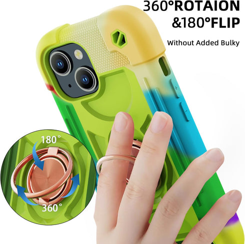 Compatible with iPhone 15 Case 6.1" - Heavy-Duty Shockproof Military-Grade Rugged Cover with Ring Stand, Glass Screen Protector & Camera Lens Prot...