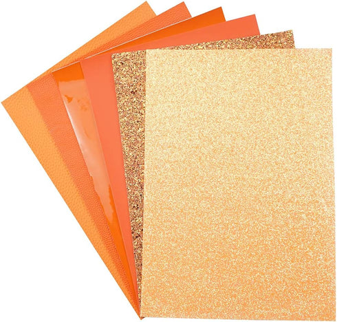 6 Pieces/Set 8x12 Inch (21cmx30cm) Faux Leather Sheets Mixed Orange Series Chunky Fine Glitter Patent Metallic Litchi Skin Texture Faux Leather Fa...