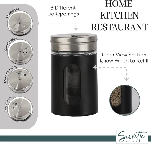 Black Salt Pepper Shakers Retro Spice Jars Glass - Set of 2...