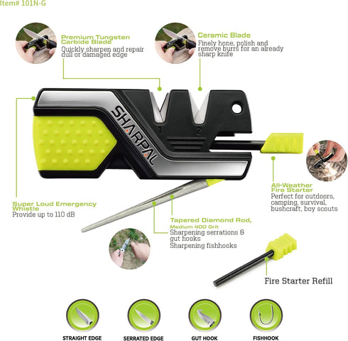 SHARPAL 101N-G Kitchen Pocket Knife Sharpener Survival Camping Tool with 2 Fire Starters Ferro Rod, Whistle & Diamond Sharpening Rod for Straight ...