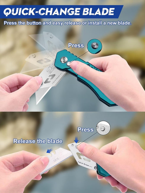 BIBURY Utility Knife, Heavy Duty Folding Box Cutter, Pocket Carpet Cutter Knife with 10 Extra SK5 Stainless Steel Blades, Easy Release Button, Bel...