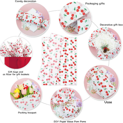 60 Sheet Cherry Tissue Paper for Gift Wrapping, 28 * 20 Inch Cherries Summer Fruit Design Bulk Tissue Paper for Birthday Christmas Gift Packing Pa...