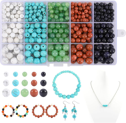505 pcs Natural Round Stone Beads for Jewelry Making Mixed Genuine Gemstone Beads Kit for DIY Bracelet Smooth Loose Beads Bulk, White/Blue Turquoi...