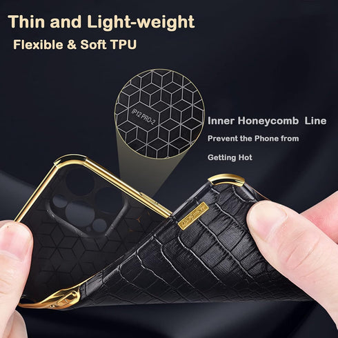 aowner Compatible with iPhone 12 Pro Max Ring Holder Case Luxury Crocodile Cover Gold Edge 360 Degree Rotation Stand for Women Girls Slim Leather ...