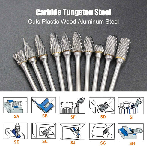 Tungsten Carbide Double Cut Burr Set, with 1/8" Shank 1/4" Grinding Head Length Tungsten Steel for Grinder, DIY Wood-Working Carving, Soft Metal P...