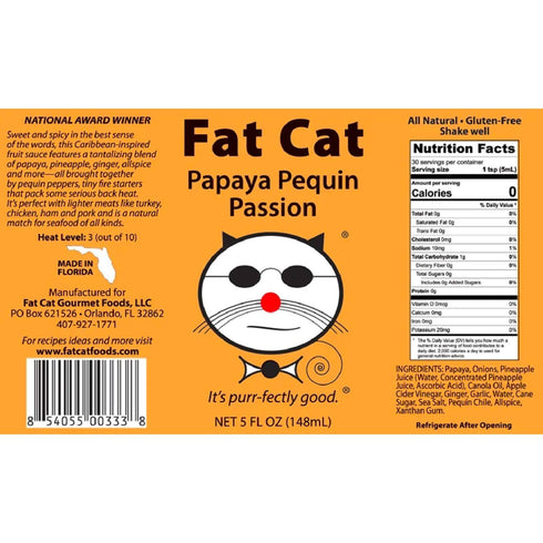 Papaya Pequin Passion Natural Hot Sauce by Fat Cat Gourmet | Savory Caribbean Inspired Fruit Sauce for Seafood, Veggies, Pork, Poultry | Mild Heat...