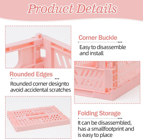 4-Pack Pink Plastic Storage Crate Small Baskets for Organizing Collapsible Storage Crates for Desk Organizers,Stackable Cute Storage Bins for Clas...