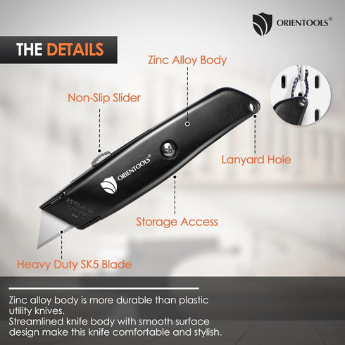 ORIENTOOLS Heavy Duty Utility Knife, Retractable Box Cutter with 3-Position Blade Lock, Sharp and Ergonomic Razor Knife with SK5 Blade, Zinc Alloy...