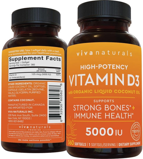 Viva Naturals D3 Vitamin 5000 IU Softgels (125 mcg), 360 Softgels - High Potency Vitamin D Supplements for Healthy Immune Function, Bones & Muscle...