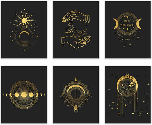 Occult Gold and Black Prints - Set of 6 (8x10) Glossy Wall Art Decor Alchemy - Witch -Third Eye - Planets...