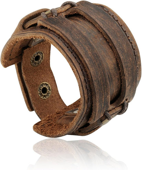 Womens and Mens Genuine Cuff Bangle Leather Bracelet Adjustable Wristband in Punk Design Coffee 30G | Punk Bracelets | Bracelets for Men | Bracele...