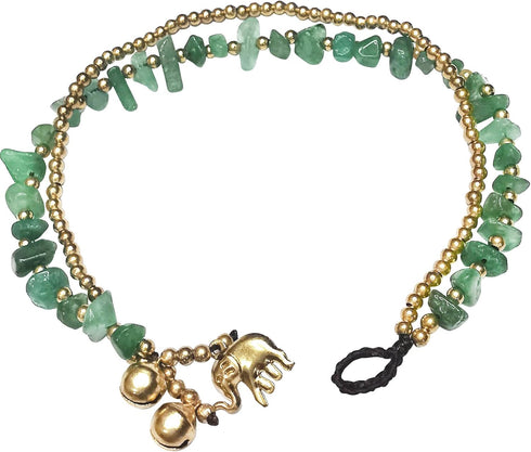 Handmade Green Aventurine Stone Chip Elephant Charm Brass Beads Anklets Bracelet 10 Inches...
