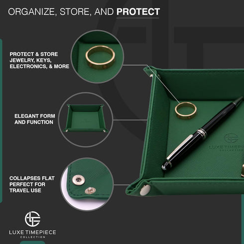 Saffiano PU Leather Travel Valet Tray Organizer in Swiss Green - Catchall Tray Storage Organizer For Bedside, Desk, or Vanity for Jewelry, Keys, P...