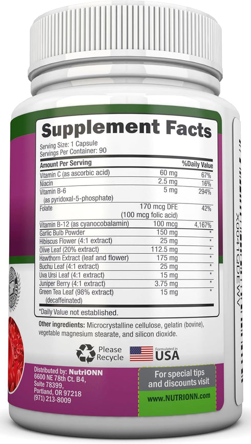 Blood Pressure Support Supplement - 13 Herbs & Vitamins - with Hawthorn, Hibiscus, Garlic & Olive Leaf Extract - Natural Supplement for Women & Me...