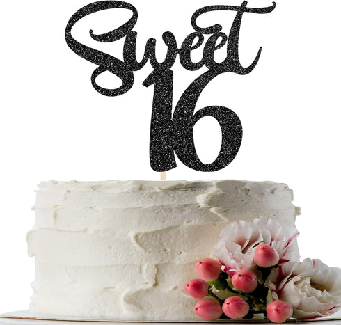 Black Glitter Sweet 16 Cake Topper - Happy 16th Birthday Cake Topper Decor - Cheers to 16 Years - 16th Wedding Anniversary Party Supplies...