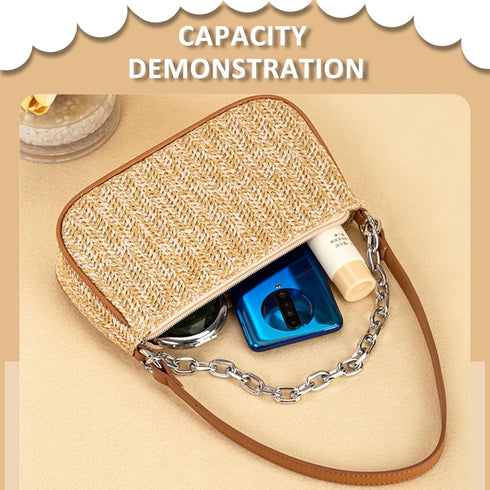 Straw Bag, Beach Bag, Hand-Woven Soft Handbag Underarm Bag With Decorative Chain, Bohemian Summer Bag Suitable for Vacation Travel Daily(Khaki)...