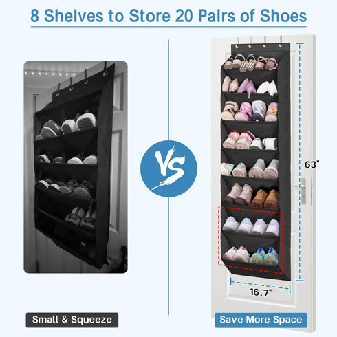 KEETDY Shoe Rack for Door Behind with 8 Large Pockets, Hanging Shoe Organizer for Closet Hanger Fits 20 Pairs Shoe Holder for Back of Door Narrow ...