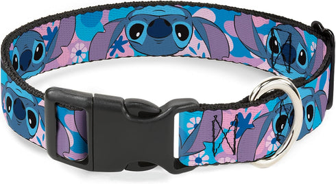 Disney Pet Collar, Dog Collar Plastic Buckle, Lilo and Stitch Stitch Flip Expressions Close Up Blues Pinks, 9.5 to 13 Inches 1.0 Inch Wide...