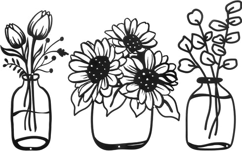 3 Pieces Metal Flower Wall Decor Minimalist Vase Wall Art Black Tulip Wire Iron Decor Floral Wall Sculpture for Kitchen Bathroom Living Room (Deli...