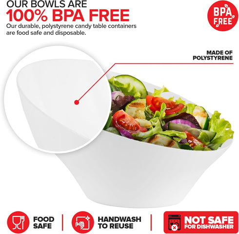 54oz White Plastic Serving Bowls (4 Pack) Large Disposable Snack Bowl Candy Dishes, Buffet Containers, Chips, Popcorn, Snacks, Punch, Salad Bar, P...