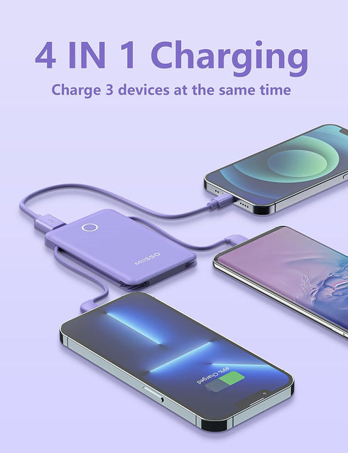 miisso 6000mah Ultra Slim Built in Cables Power Bank, Card Size Built in USB C Cords Battery Pack Portable Charger for Phones, 3 Output External B...