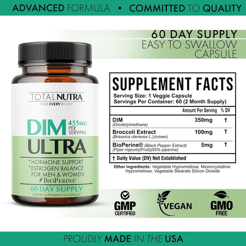 DIM Supplement: DIM Ultra 455mg Diindolylmethane, Broccoli, BioPerine Natural Estrogen Blocker for Men, Female Hormone Balance for Women Menopause...