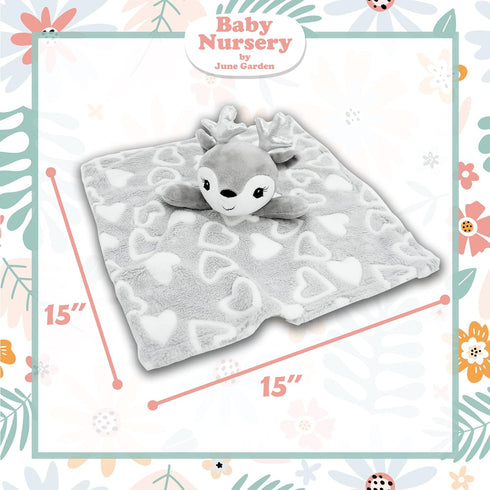 June Garden Cozy Dream Fleece Baby Security Blanket - Infants Nursery Bed Blankets - 15 x 15 inches Lovey - Stuffed Deer Animal Plush - Grey...