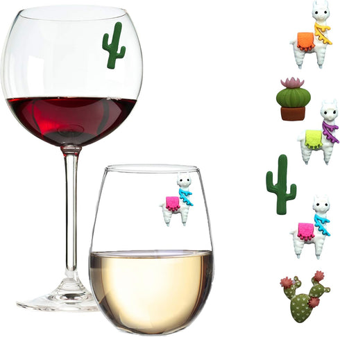 Wine Glass Charms for Stemless Glasses - Magnetic Llama and Cactus Drink or Beverage Markers Set of 6...