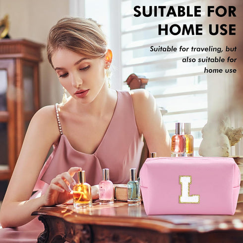Initial Makeup Bag for Women Travel Small PU Leather Cosmetic Bag Cute Pink Personalized Preppy Chenille Letter Makeup Pouch for Purse Zippered To...