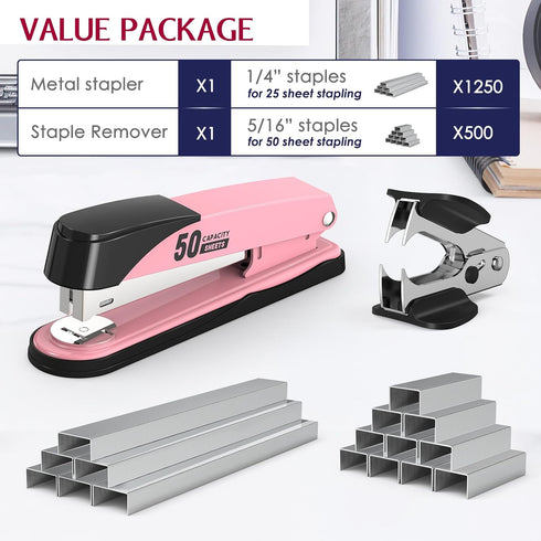 Metal Stapler Heavy Duty 50 Sheet Capacity with 1750 Staples and Staple Remover, Pink Stapler Full Strip Staplers for Desk, No Jam, Non-slip Offic...