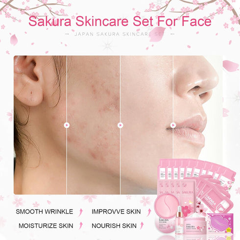 Skincare Set for Teenage Girls, Japan-Sakura Skin Care Products Set, Skin Care Sets & Kits, Cleanser, Toner, Serum, Cream, Sleep Mask,Eye Mask,Mud...