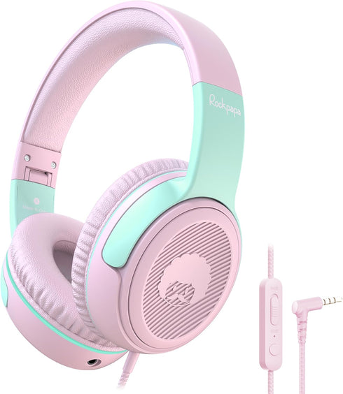 rockpapa Share 1 Kids Headphones Wired with Microphone & Share Port, 85dB/94dB Volume Limited, Cute Foldable Student Child Boys Girls Headphones f...