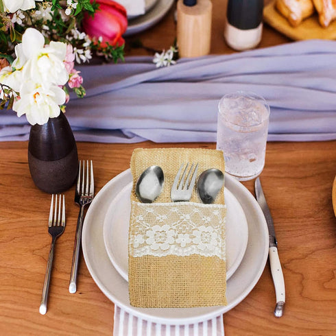 FQTANJU 50 PCS 4"x8" Burlap Lace Utensil Cutlery Holders Pouch Silverware Holder Knifes Forks Bags Burlap Napkin Bag for Rustic Wedding Party Deco...